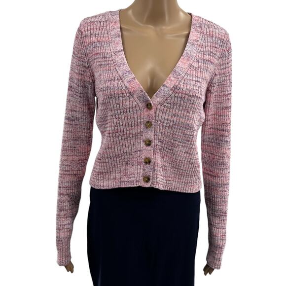 Intermix Kiera Marled Pink Knit Cropped Cardigan Sweater - Picture 6 of 13